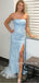 Strapless Mermaid Sky Blue Long Lace Prom Dresses With Split, PD1041