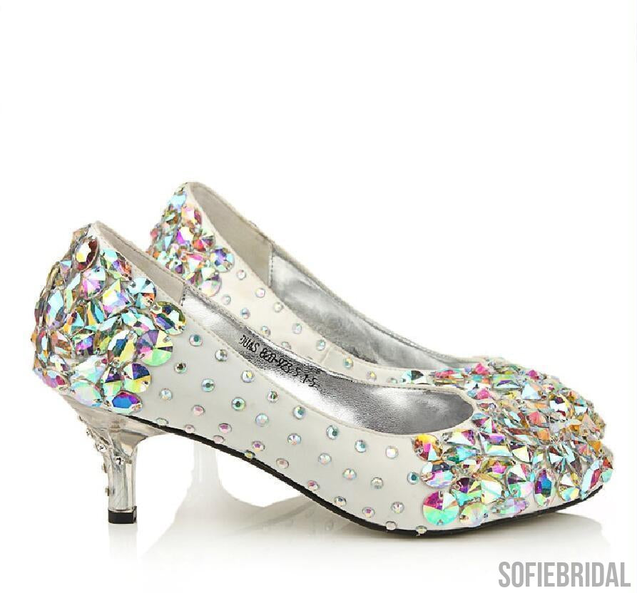 Popular Sparkly Crystal High Heels Pointed Toe White Wedding Bridal Shoes, S011