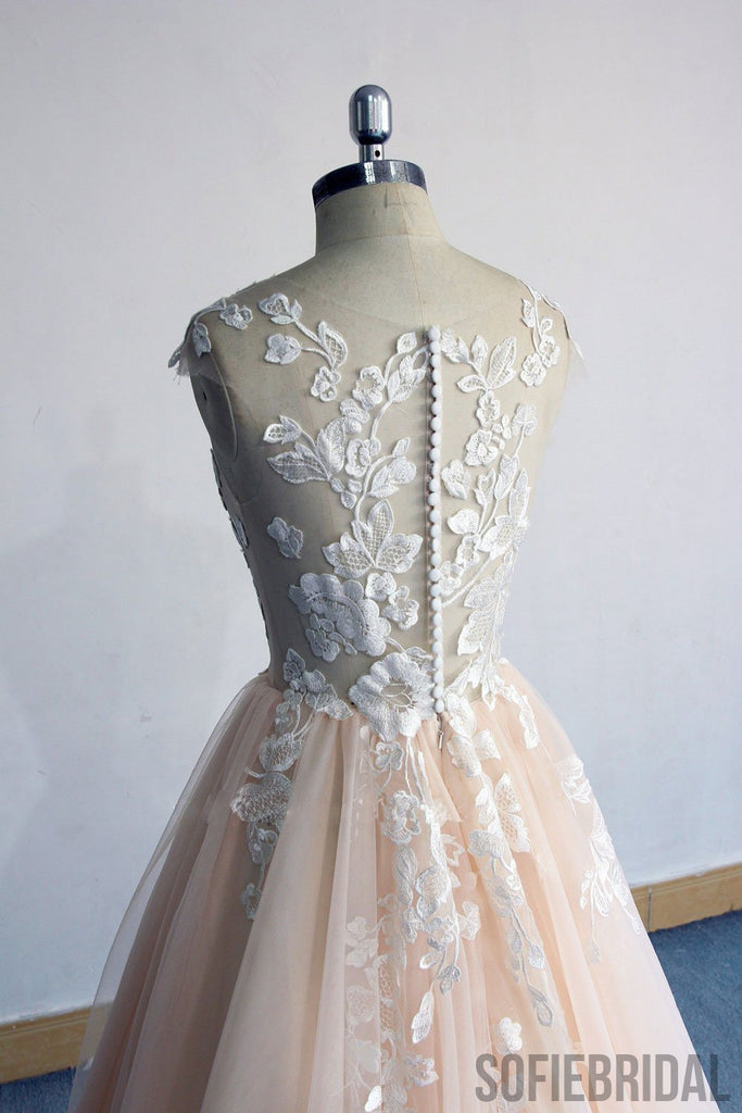 A-line Round Neck Long Tulle Lace Appliques Prom Dresses, PD0095