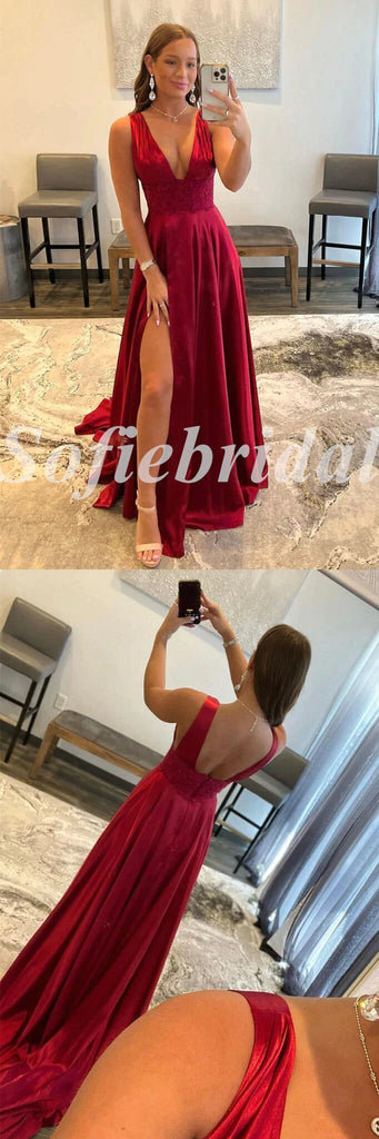 Sexy Satin And Lace Spaghetti Straps V-Neeck Sleeveless Side Slit A-Line Long Prom Dresses,PD0804