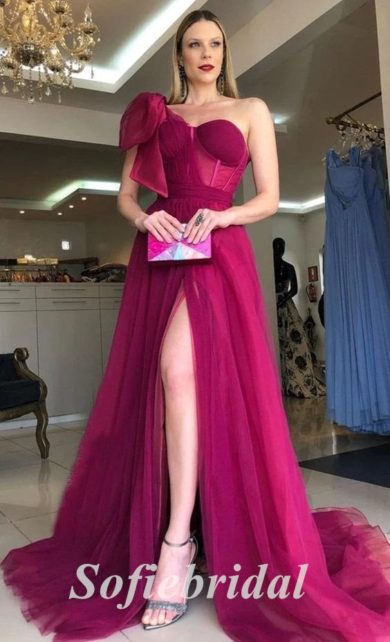 Elegant Tulle One Shoulder sleeveless Bone Side Slit A-Line Long Prom Dresses, PD0824