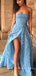 A-Line Strapless Split Side Blue Long Prom Dresses With Flowers,SFPD0006