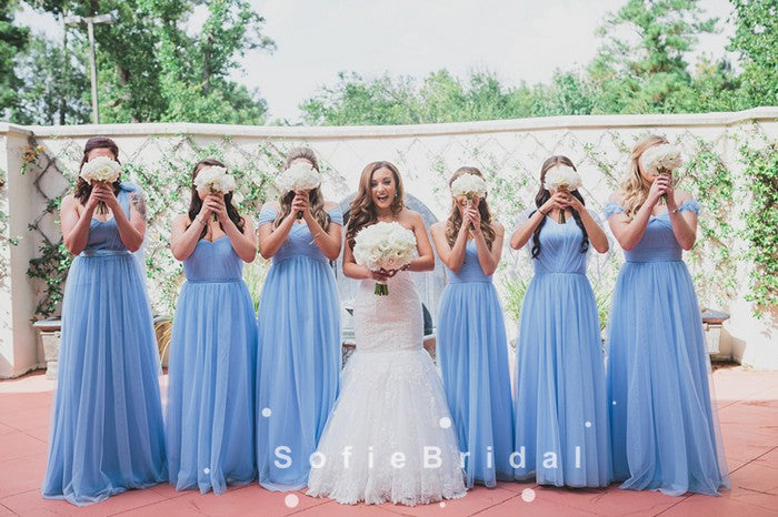 Simple A-Line Off The Shoulder Tulle Long Bridesmaid Dresses,SFWG0006