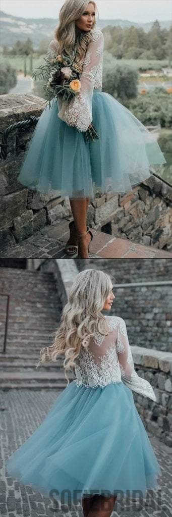 New Arrival Boho Style Long Sleeve See Through Lace Top  Blue Tulle Homecoming Dresses, SF0088