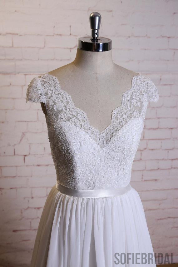 Lace Cap Sleeves V Neck Cheap Beach Wedding Dresses Online, WD375