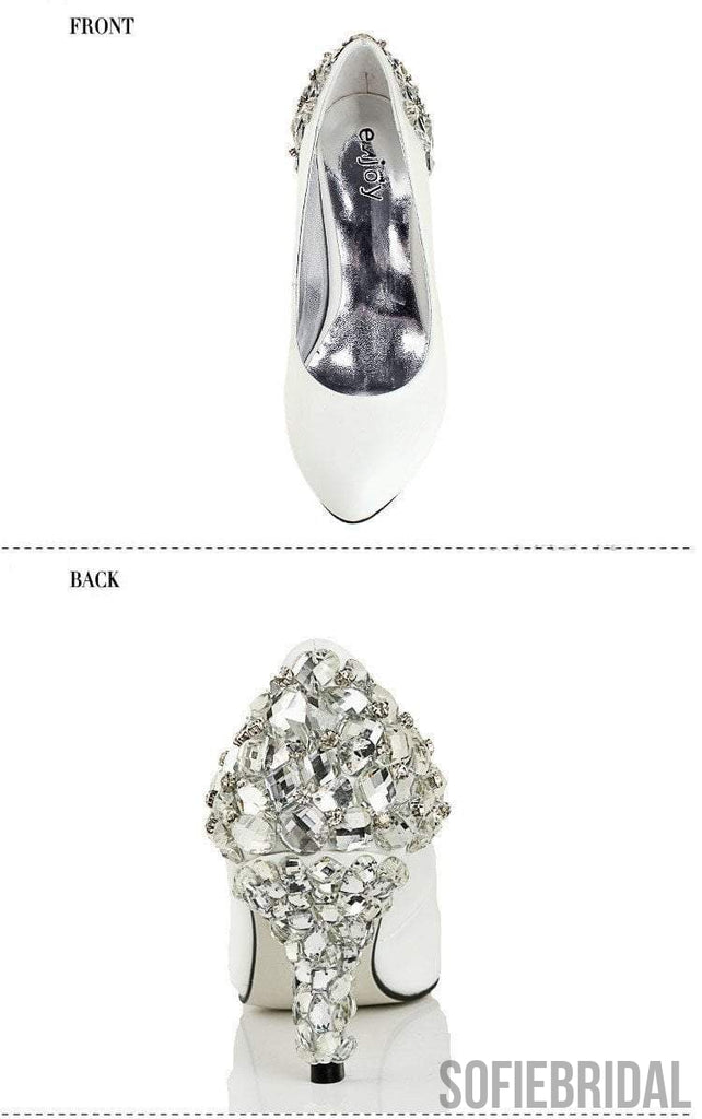 Women's Sparkly Crystal High Heels Pointed Toe White Wedding Bridal Shoes, S006