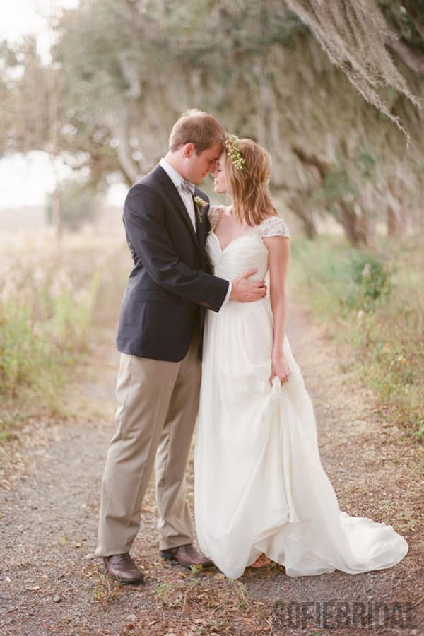 Cap Sleeve Beaded Unique Casual Cheap Beach Wedding Dresses, WD314