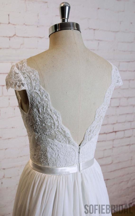 Lace Cap Sleeves V Neck Cheap Beach Wedding Dresses Online, WD375
