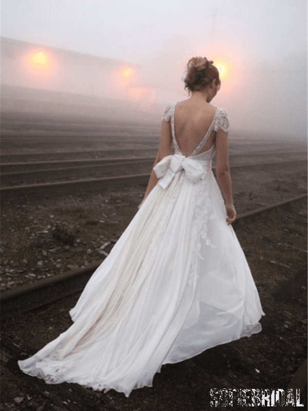 Backless Cap Sleeve V Neck Simple Beach Wedding Dresses, WD329