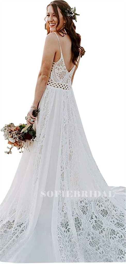 A-line V-neck Spaghetti Straps Lace Long Wedding Dresses, WD0494