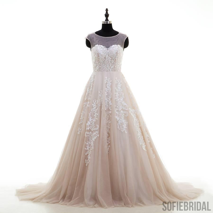 Sexy Open Back Illusion Lace Tulle A-line Wedding Dresses Online, WD368