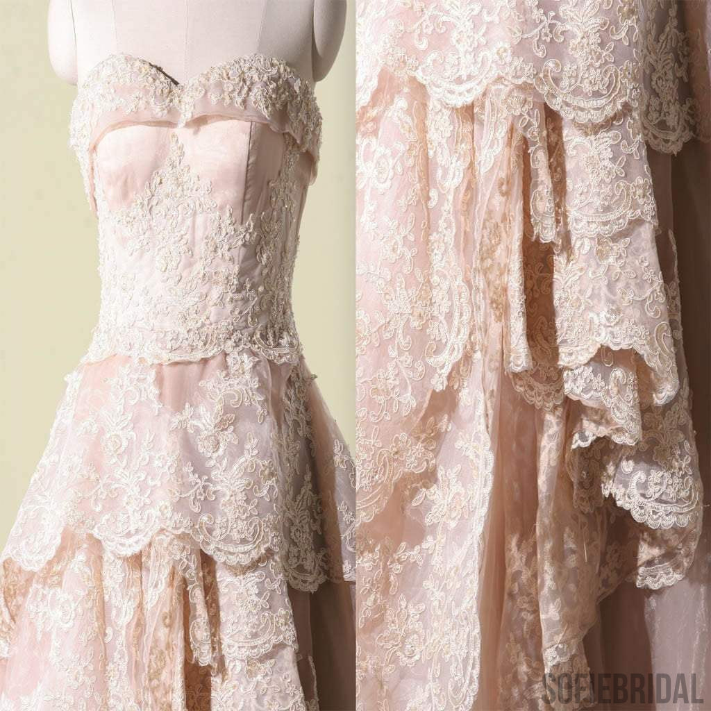 Vantage Pink Lace Sweetheart Classic Style Long A-line Wedding Party Dresses, WD0066