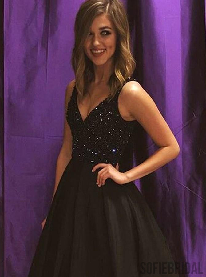 A-line V-neck Beading Top Black Ball Gown, Long Prom Dresses, PD0048