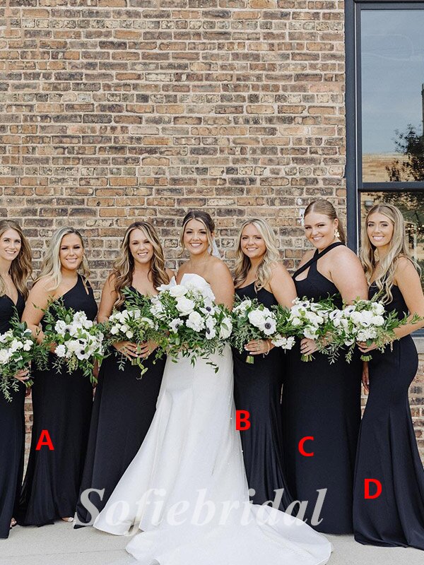 Mismatched Black Soft Satin Sleeveless Mermaid Floor Length Bridesmaid Dresss,SFWG00496