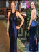 Navy Sequin Sleeveless Slit Open Back Sheath Bridesmaid Dresses ,SFWG00414