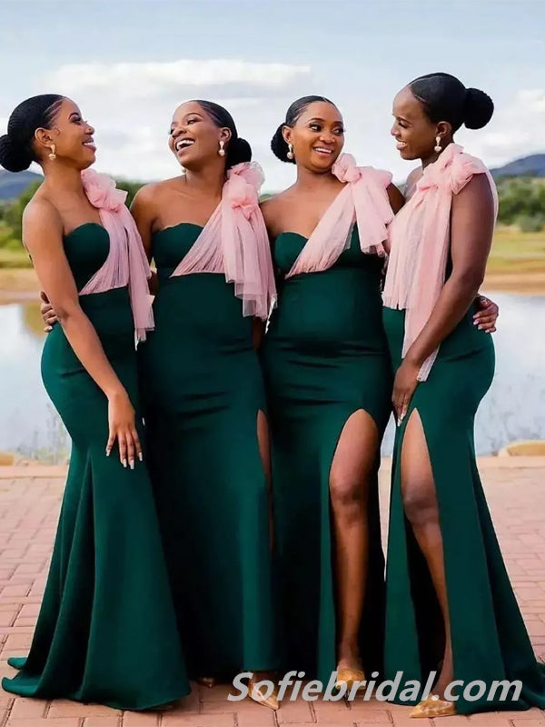 Sexy Soft Satin And Tulle One Shoulder Side Slit Mermaid Floor Length Bridesmaid Dressses, SFWG00444