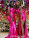 Sexy Soft Satin Spaghetti Straps Side Slit Mermaid Floor Length Bridesmaid Dressses, SFWG00447