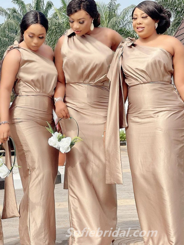 Sexy Soft Satin One Shoulder Sleeveless Mermaid Floor Length Bridesmaid Dressses, SFWG00448