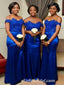 Royal Blue Soft Satin Off Shoulder Mermaid Floor Length Bridesmaid Dressses With Applique, SFWG00447