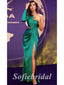 Sexy Soft Satin One Shoulder Long Sleeves Side Slit Mermaid Long Prom Dresses,PD0781