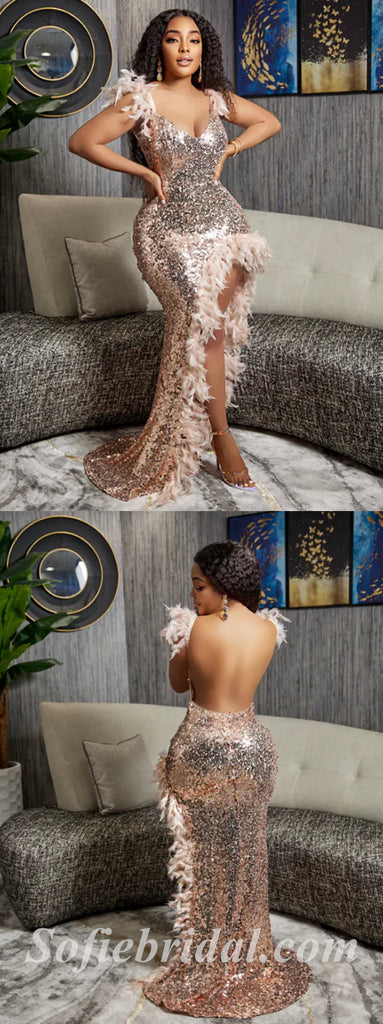 Shiny Sequin Spaghetti Straps V-Neck Sleeveless Side Slit Mermaid Long Prom Dresses With Feather,SFPD0575