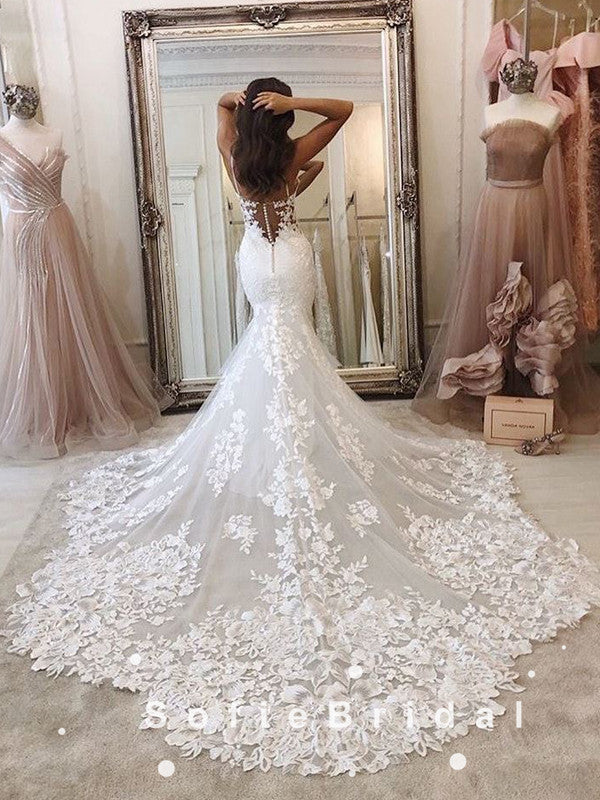Sexy Mermaid Sweetheart Lace Sweep Train Wedding Dresses,SFWD0006