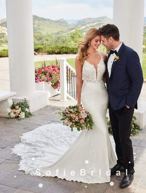 Mermaid Spaghetti Straps Lace Long Wedding Dresses,SFWD0007