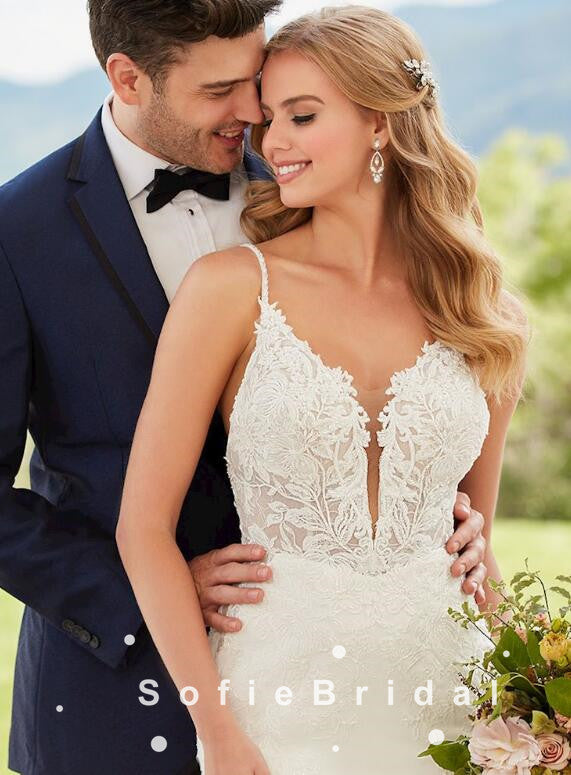 Mermaid Spaghetti Straps Lace Long Wedding Dresses,SFWD0007