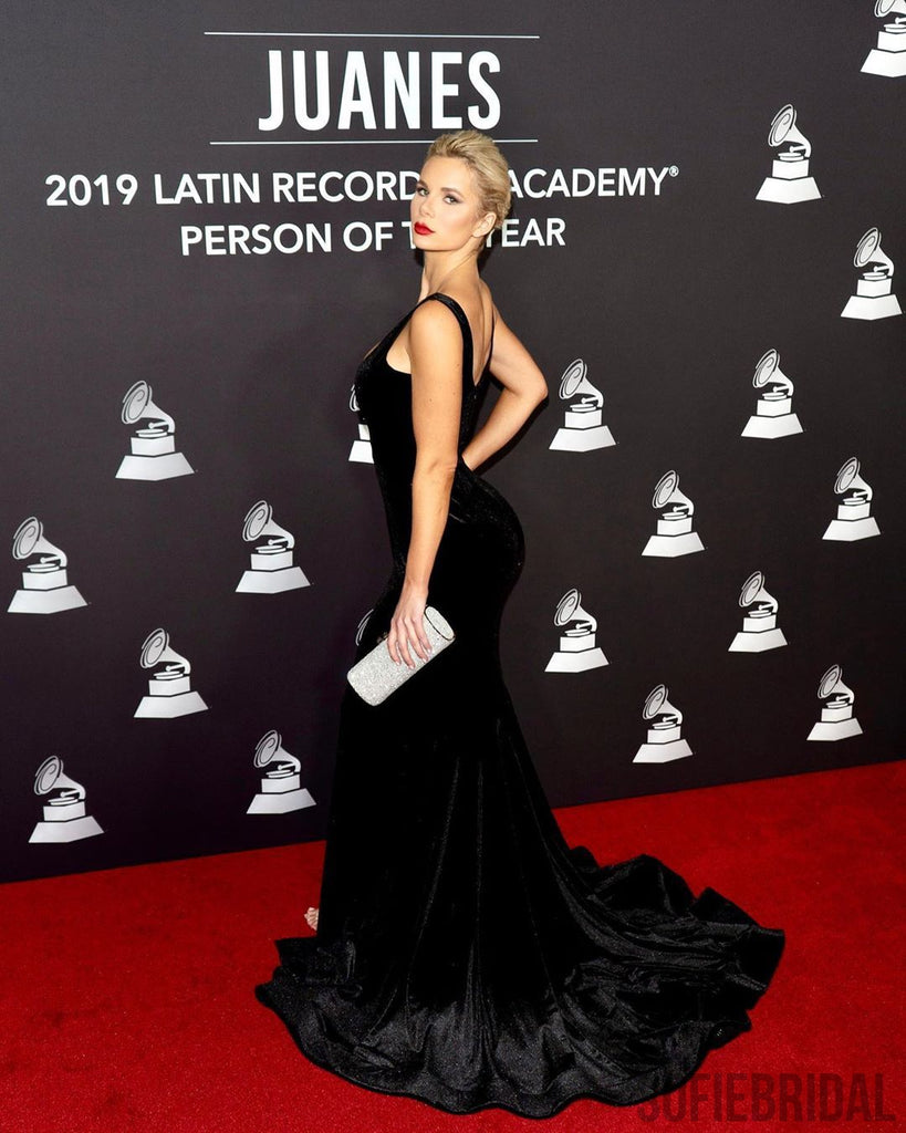 Sheath Scoop Neck Straps Black Velvet Prom Dresses With Split, PD0120