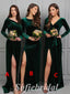 Mismatched Sexy Velvet V-Neck Long Sleeve Side Slit Sheath Floor Length Bridesmaid Dressses,SFWG00485