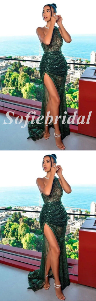 Sexy Sequin One Shoulder Sleeveless Side Slit Mermaid Long Prom Dresses, PD0850