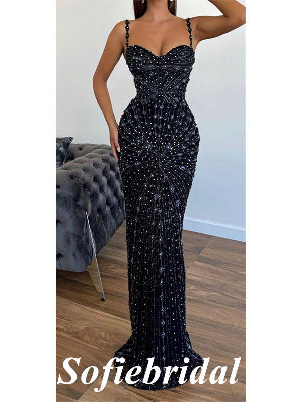 Sexy Special Fabric Spaghetti Straps V-Neck Sleeveless Mermaid Long Prom Dresses With Beading,SFPD0731