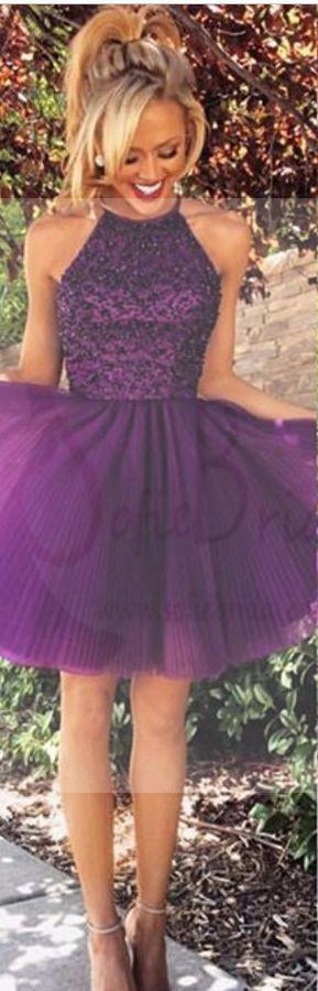 Purple Sexy Open back Halter Beaded homecoming prom dresses, CM0022