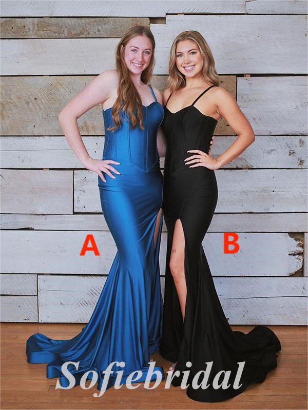 Sexy Mismatched Satin Spaghetti Straps V-Neck Sleeveless Side Slit Mermaid Long Prom Dresses, PD0873