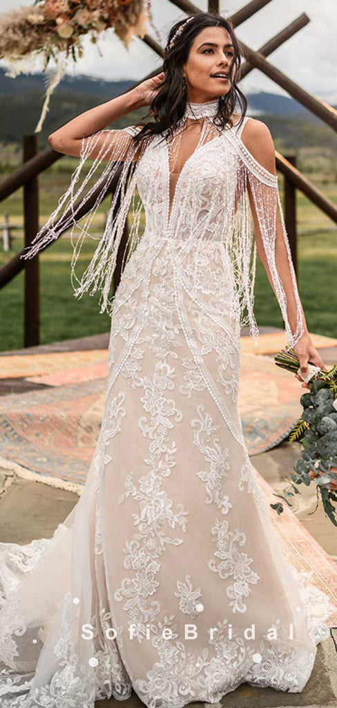 Mermaid High Neck Tassels Open Back Long Wedding Dresses With Lace,SFWD0008