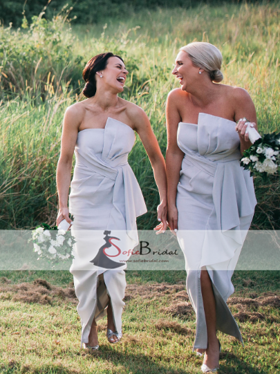 Special Dusty Blue Sheath Bridesmaid Dresses, Front Slit Bridesmaid Dresses, Cheap Bridesmaid Dresses, PD0490