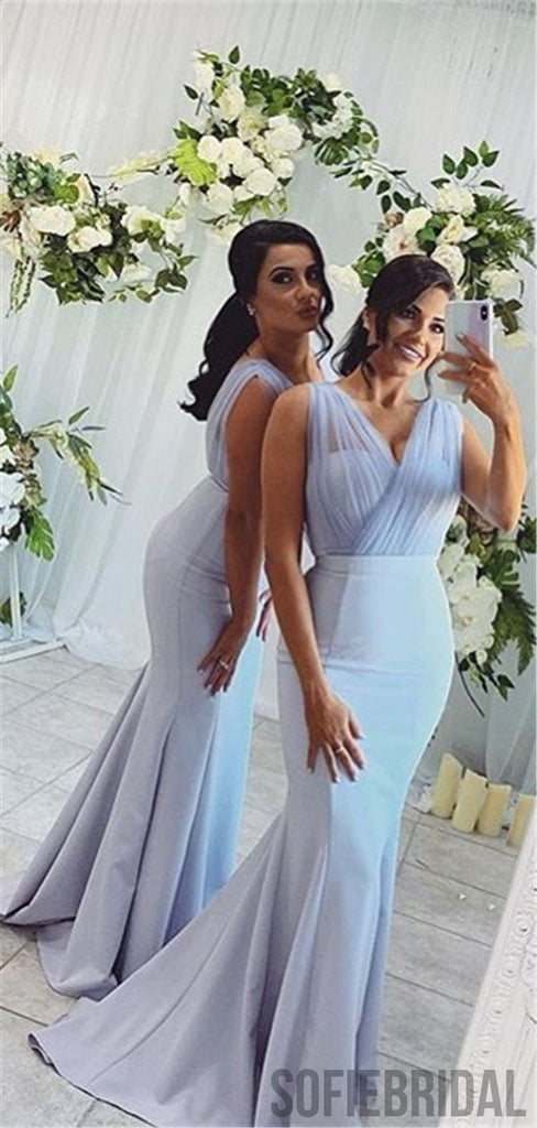 Mermaid V-neck Sleeveless Long Simple Cheap Bridesmaid Dresses, BD1064