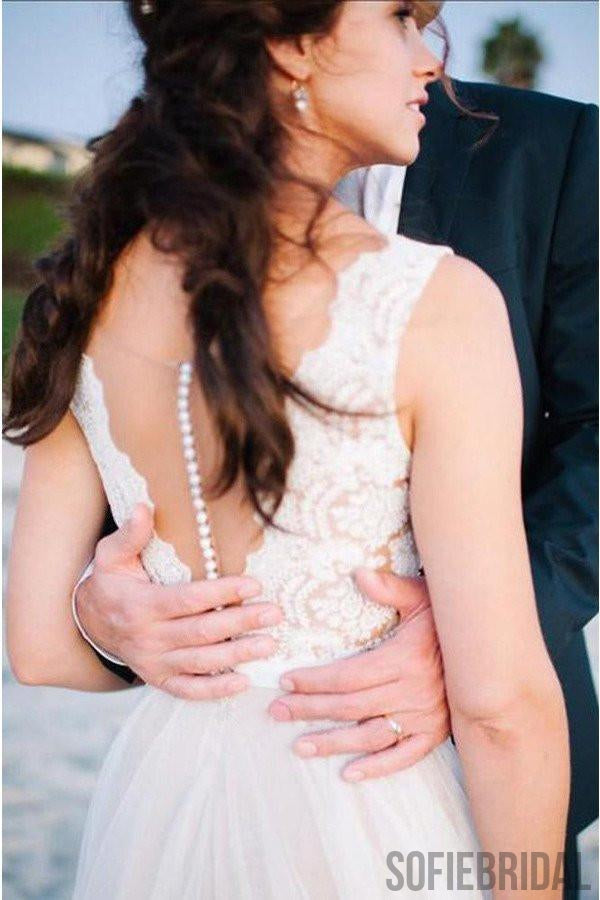 Newest Design V-neck lace tulle Long A-line Beach Wedding Dresses, WD0117