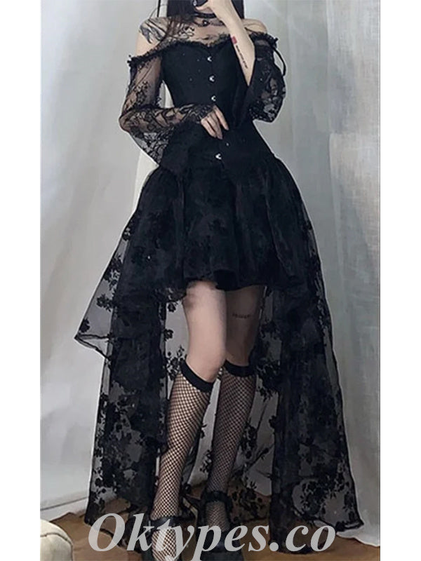 Black Satin And Lace Off Shoulder Long Sleeve High Low A-Line Prom Dresses/Homecoming Dresses,SFPD0574