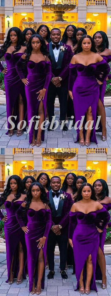 Sexy Grape Velvet Off Shoulder Long Sleeve Side Slit Sheath Floor Length Bridesmaid Dressses,SFWG00484