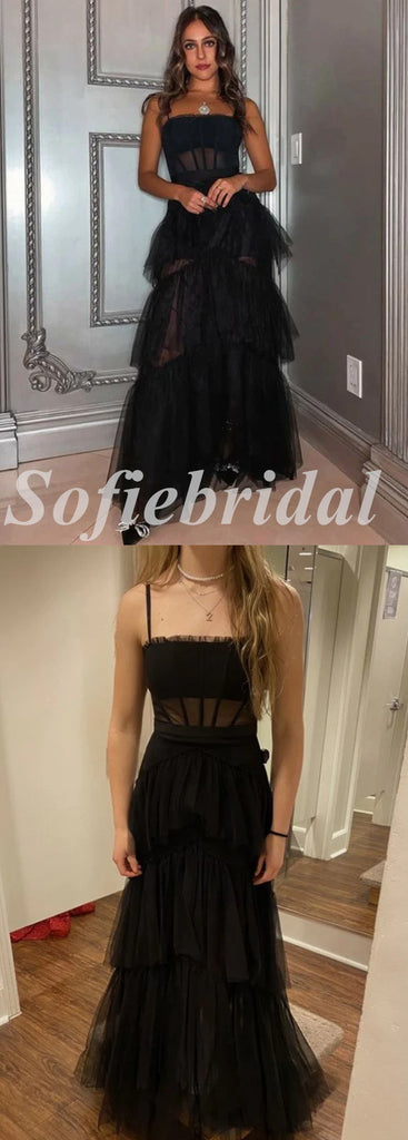 Sexy Black Tulle And Lace Spaghetti Straps Sleeveless A-Line Long Prom Dresses,SFPD0587