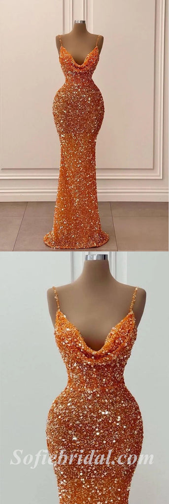 Sexy Orange Sequin Spaghetti Straps Cowl Sleeveless Mermaid Long Prom Dresses,SFPD0499