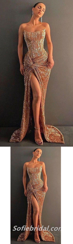 Sexy Sequin Sweetheart Sleeveless Side Slit Mermaid Long Prom Dresses With Pleats,SFPD0285