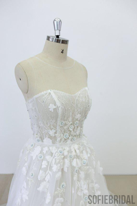 Strapless Lace See Through Beaded A-line Unique Wedding Dresses Online, WD391