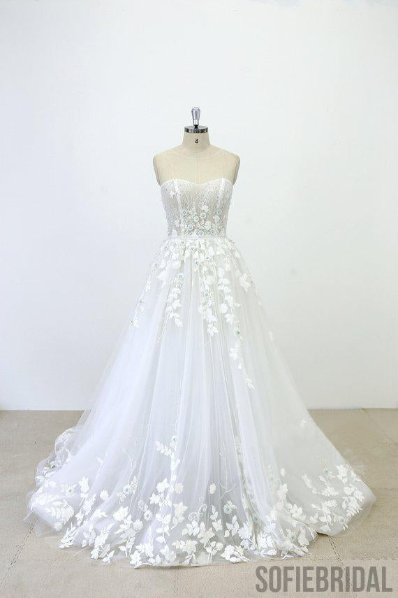 Strapless Lace See Through Beaded A-line Unique Wedding Dresses Online, WD391
