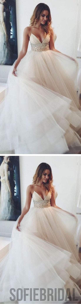 Popular Spaghetti Sexy V-neck Long A-line White Organza Wedding Party Dresses White Rhinestone, WD0095