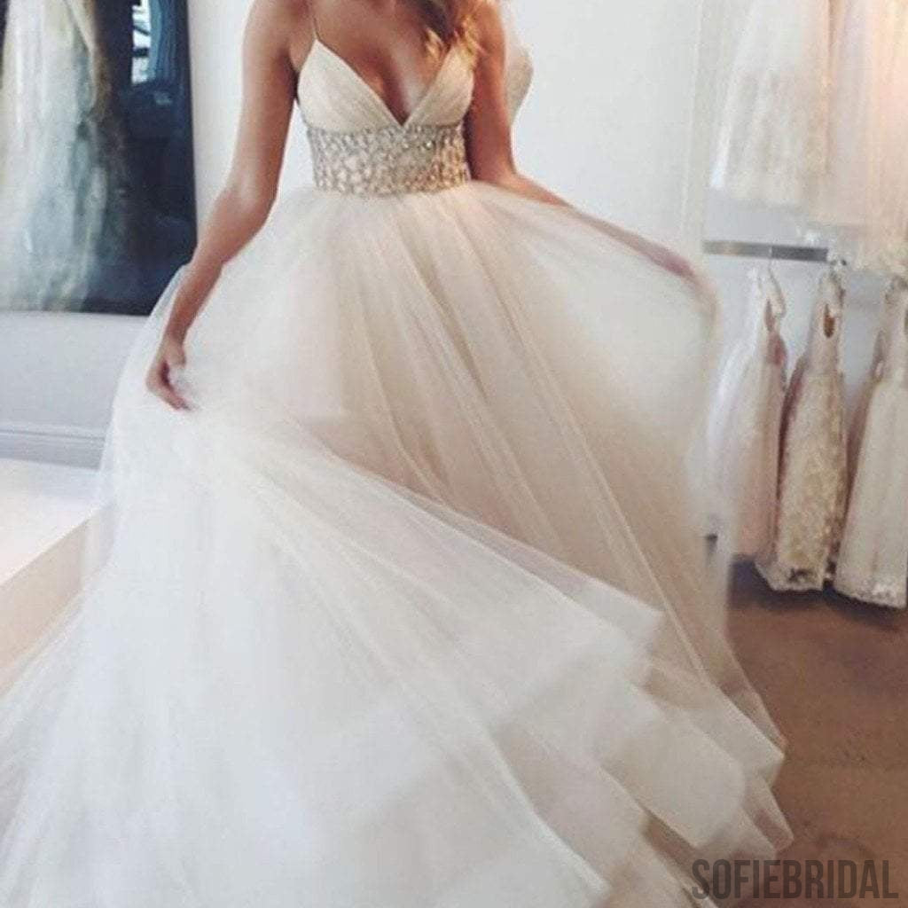 Popular Spaghetti Sexy V-neck Long A-line White Organza Wedding Party Dresses White Rhinestone, WD0095