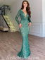 Sexy Special Fabric Long Sleeves Deep V-Neck Sheath Long Prom Dresses,SFPD0468