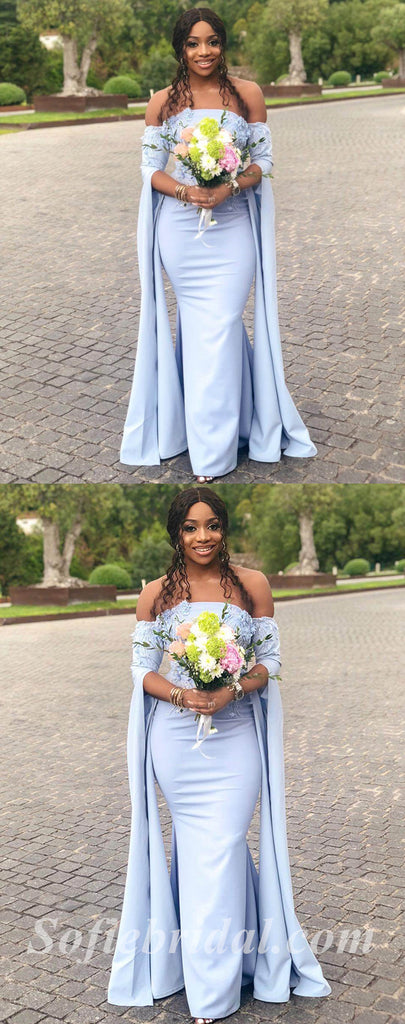 Elegant Soft Satin Off Shoulder Long Sleeve Side Slit Mermaid Floor Length Bridesmaid Dressses With Applique,SFWG00474