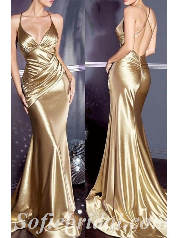 Sexy Gold Elestic Satin V-Neck Criss Cross Mermaid Long Prom Dresses,SFPD0337